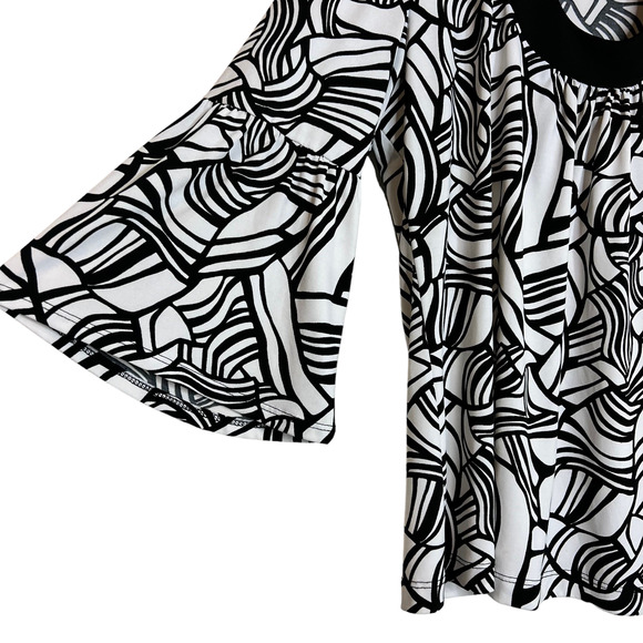 Chicos Womens Knit Top Large Black White Retro Mod Print Scoop Neck 3/4 Sleeves - Picture 2 of 6